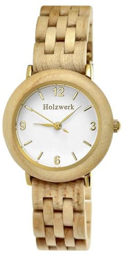 Holzwerk Germany Handgefertigte Designer Damen Uhr Öko Natur Holzuhr Braun Gold Rot Holz Armband Analog Klassisch Quarz