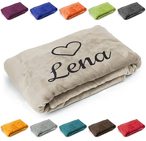 Kuscheldecke 'Herz' mit Name oder Wunschtext bestickt, Geschenk zu Valentinstag, Geburtstag, Hochzeitstag, 200cm x 150cm extra weiche und gemütliche Sofadecke/Wohndecke, hochwertiges Fleece (Taupe)