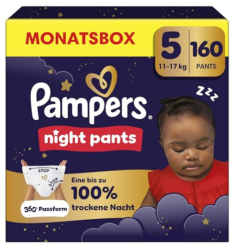 Pampers Night Pants, Taille 5, 160 Couches-Culottes, 11-17kg, Maintien 360° Contre Les Fuites Avec Un Cœur Super Absorbant Pour Une Protection Renforcée Toute La Nuit, Pack 1 Mois