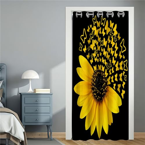 Odot Türvorhang Thermo mit Ösen, Sonnenblume Muster Blackout Kälteschutz Thermovorhang Winter Türvorhang Winddicht Türtrenner für Fenster Tür Schlafzimmer (120x200cm,Schmetterling)
