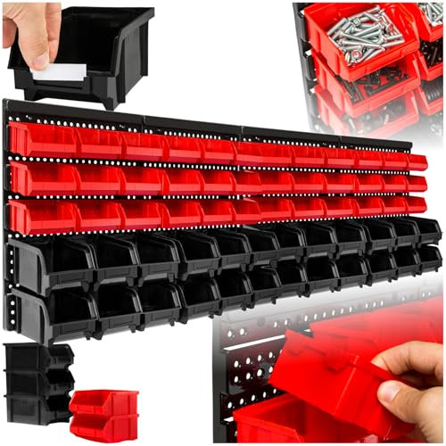 TecTake® Scaffali per Minuteria, con 36 Cassettine Impilabili Medie Rosse e 24 Grandi Nere, 2 Pannelli da Parete Inclusi, Facile Accesso, Predisposizione per Etichette, Salvaspazio - Set di 2