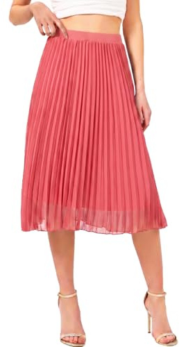 Soudittur Damen Sommer Chiffon Rock A-Linie Plissee-Rock Midilänge Faltenrock mit Elastischer Taille Leichter Flowy Midirock für Freizeit, Strand & Party(Hellrot, L)
