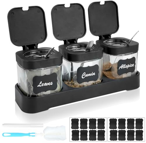 MOAMUN 3 Saleros De Cocina De Cristal, Salero y Azucarero Cocina Cuadrada Transparente con Bandeja, Tapas, Cucharas, Etiquetas, Bolígrafo y Pincel, Botes Especias para Azúcar Granos Especias Hierbas