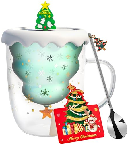Weihnachtstasse Doppelwandige Kaffeetasse 300ml Mit Löffel Und Karte, Tasse Weihnachten Mit Weihnachtsbaum Design, Isolierte Teetasse Geschenk Für Frauen Männer Kollegen Freunde