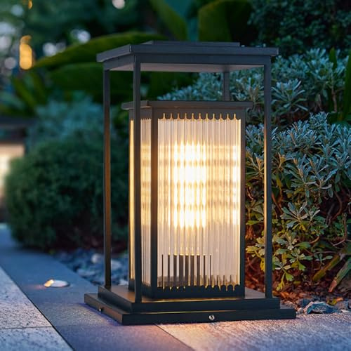 MYUYEE Iluminación paisajística Moderna Luces solares de jardín de Vidrio bolardo Cuadrado E26 Farol con Carcasa de Aluminio luz de Camino Impermeable lámpara de,