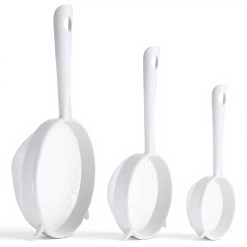 3 PCS Plastic Fine Mesh Strainer Set with Handle, Nylon Sieve Fine Food Mesh Colander with Double Ear for Baking Kitchen Yogurt Tea Juice Coffee Honey Milk Pasta