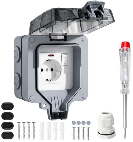 Aussensteckdose Wasserdicht IP66 Outdoor Steckdose mit Schalter Kontrollleuchte (1Fach Aussensteckdose mit Schalter, Aussensteckdose Wasserdicht IP66 Outdoor Steckdose)