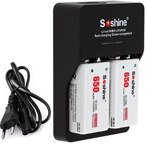 Cargador batería 6F22 9V 650mAh LI, Li-ion NiMH LiFePO4 (Cargador + 2 baterías)