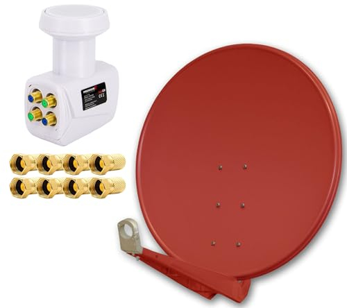 Premium X Deluxe SAT Anlage für 4 Teilnehmer 100cm Satellitenantenne ALU Ziegelrot mit Quad LNB inkl. 8X F-Stecker