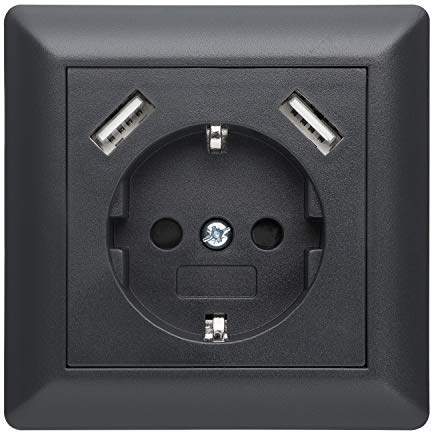 230 V Steckdose mit 2 x USB Ladegeräten, Schuko Wandsteckdose Unterputz, passend für Gira System 55 E2, Anthrazit (Grau), TÜV Rheinland zertifiziert (Einfachsteckdose)