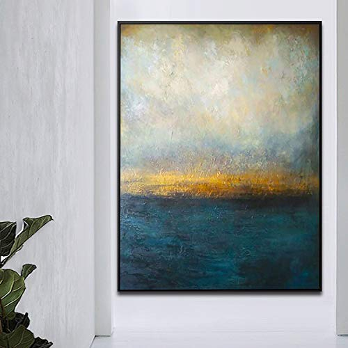 Orlco Art Original Handgemälde mit blauem Palettenmesser, Gold und Grün, großes Deko, Ölgemälde auf Leinwand, Blau und Weiß, Abstarct, 28x36inch