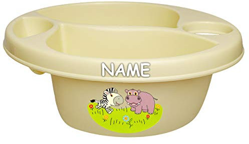 alles-meine.de GmbH 3 Kammer - Schüssel/Waschschüssel/Kinderwaschbecken - beige - Creme Tiere - Zebra & Nilpferd inkl. Name - Bieco - mit Seifenablage - Organizer - Reini..