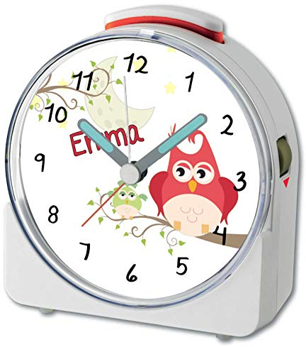 CreaDesign, WU-71-1025, Eule Mama, analog Kinderwecker weiß, Funkwecker mit Sweep-Uhrwerk und fluoreszierenden Zeiger und Licht, personlisiert mit Namen, 10,2 x 4,6 x 11 cm