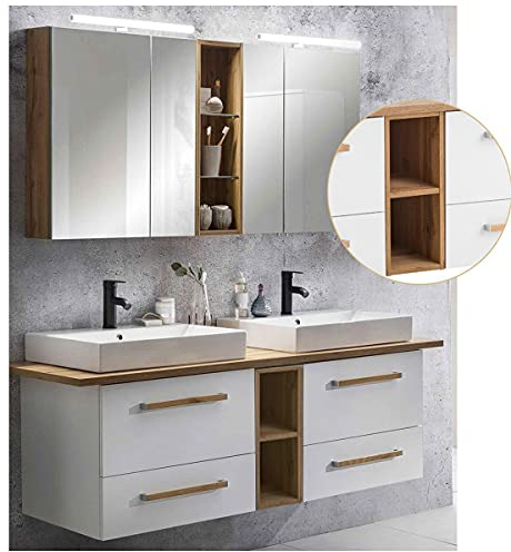 Lomadox Badmöbel Set, weiß mit Eiche Landhaus, 165cm Waschtischunterschrank mit Regal, 2 Keramik-AufsatzWaschbecken, 2 LED-Spiegelschränke mit Regal