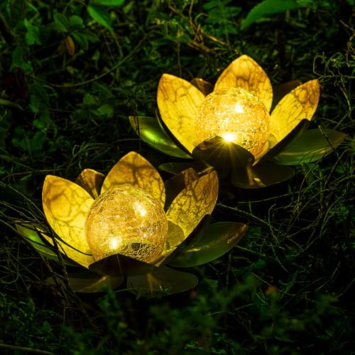 AIINY Garden Solar Lights Outdoor(2Pack), Amber Crackle Globe Glass Lotus Decoration, Waterproof Orange Metal LED Flower Lights for Patio,Lawn,Walkway,Tabletop,Ground, Garden Gifts for Women