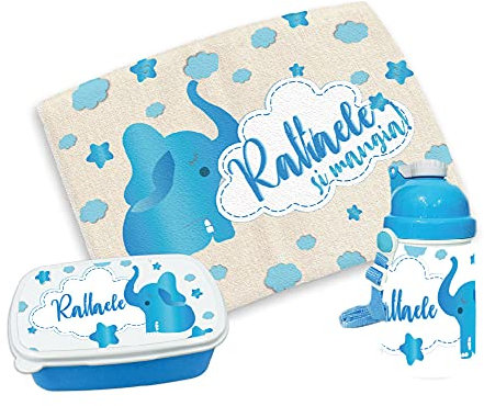 gadgeteventi Kit Pappa Bimbo per Scuola E Gite Personalizzato “Elefantino” (Azzurro)
