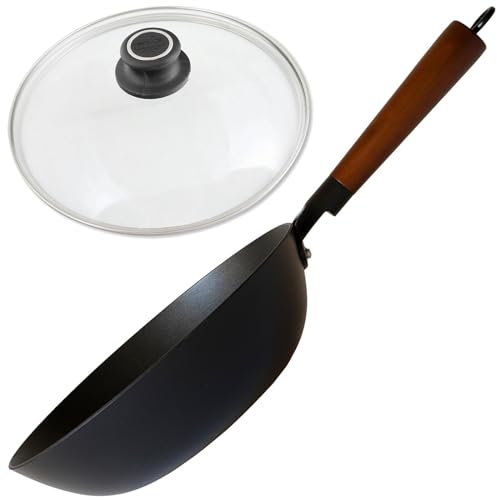 BAF Wokpfanne Induktion 28 cm mit Glasdeckel - beschichtete Gusseisen Stielwok Pfanne mit Holzgriff, 8,5 cm hoher Rand - Pfannenboden mit Wabenstruktur - für alle Herdarten