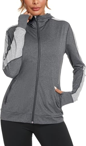Wayleb Womens Zip Up Hoodie Sports Jacket Ladies Hoodies Long Sleeve Gym Tops Hooded Sweatshirt Running Coat with Pockets and Thumb Holes
