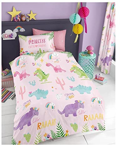 Lions Girls Bedding Set Single Bed Size - 2 Piece Dinosaur Saurus Duvet Cover Set With Matching Pillowcase, Ultra Soft Printed Quilt Covers, Kids Children, Pink, 137x200cm