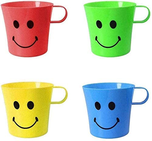 GREY LOOK Lot de 4 tasses en plastique avec motif smiley pour enfants - Pour camping/voyage - Disponible en 4 couleurs assorties