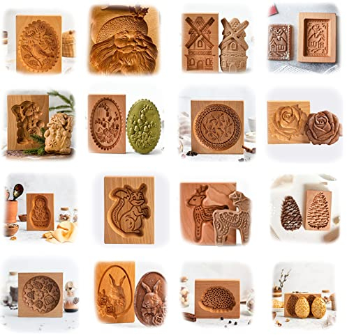 MOTEERLLU Stampo per biscotti in legno e stampino per biscotti, timbri intagliati in rilievo per pan di zenzero, cucina fai da te e riunioni di famiglia (16 pezzi)