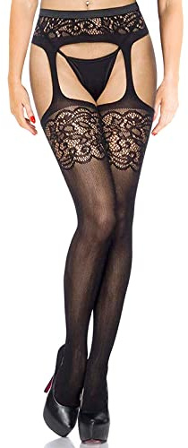 Wlertcop Women's Black Fishnet Suspender Tights - High Waist, Lace, Plus Size