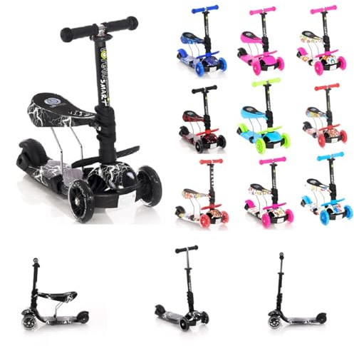 Lorelli Kinderroller ab 3 Jahre mit Sitz, Scooter Kinder Roller Smart faltbar, Kinderscooter, Dreiradscooter, blinkende PU Räder, einstellbare Lenkerhöhe, Faltbarer Lenker, leicht und stabil, schwarz