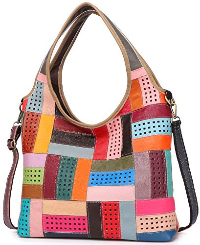 Segater Mehrfarbige Damenhandtasche Geldbörsen aus echtem Leder Bunte Hohlnähte Umhängetasche Vintage Tote Tasche Schultertaschen