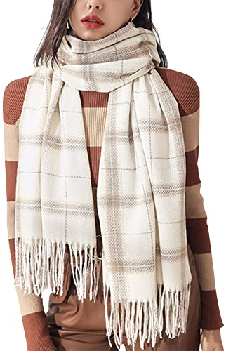 Camilife Damen Kaschmirimitat Schal - Klassisch Kariert, Groß Mit Fransen, Elegant Umhängetuch, Stilvoll Webschal Warm für Winter 70×180cm