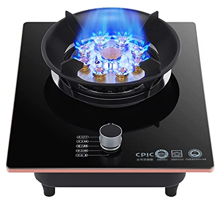 Estufa De Gas De 33 Cm, Estufa De Gas De 1 Quemador, Quemador De Wok De Anillo De Fuego De 7.0KW Y 9 Cavidades, Cocina De Vidrio Templado Negro Con Protección Contra Incendios, Adecuada For La Cocina