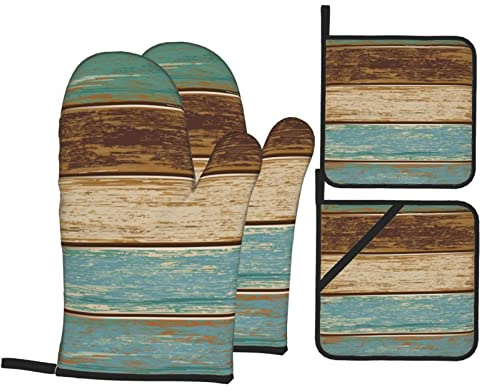 MIFSOIAVV Ofenhandschuhe und Topflappen aus Holz, maritim, Vintage-Stil, 4 Stück, Retro, Blau, Ozean, rustikal, Öldruck, Küchenhandschuhe, hitzebeständig, blaugrün, Topflappen, Ofenhandschuhe-Set für