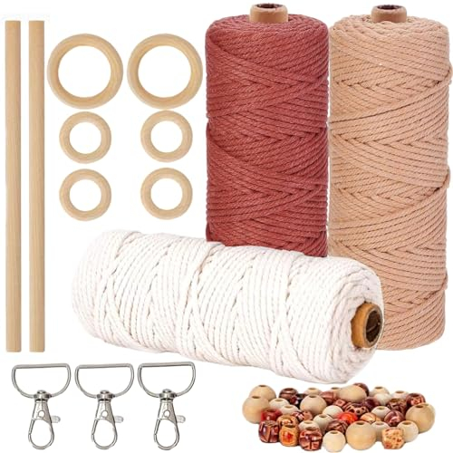 HanCheng 3PCS 60m Makramee Garn 3mm Farbig,Makramee Garn Set Bunt mit 40 Holzperlen,6 Holzringe,2 Holzstäbchen,3 Schlüsselanhänger（Beige,Bordeaux,Altrosa）
