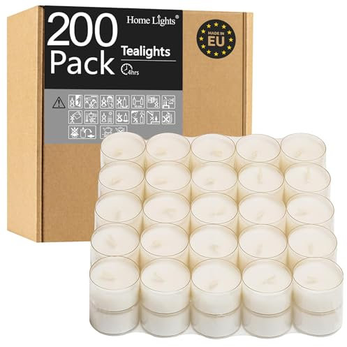 Home Lights Velas de té, gigantes, 100, 200, 300 paquetes a granel, 4-4.5 horas, color blanco, sin perfume, sin humo, taza de té transparente para Shabat, bodas, Navidad, decorativas, paquete de 200