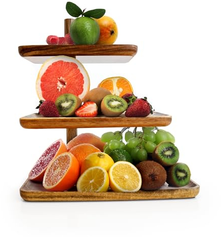 Lavesty Etagere für Obst, Gemüse, Desserts und Snacks – Multifunktional & Stabil – Hochwertige Obstschale – Praktisch & Modern – Obstkorb mit rutschfestem Boden – Etagere 3 Etagen – Akazienholz
