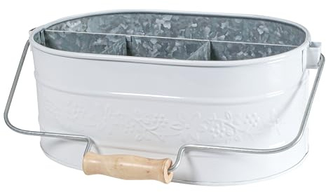 Lightnpro Galvanized Metal Utensil Caddy with Wooden Handle - Rustic Farmhouse Silverware Organizer for Parties & Kitchen Countertop - Chalk White Decor & Storage