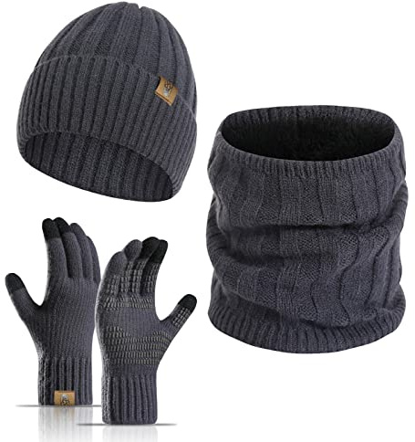INSISMY Mütze Schal Handschuhe Set für Herren Strick Wintermütze Herren Touchscreen Handschuhe und Halswärmer mit Warmes Fleecefutter