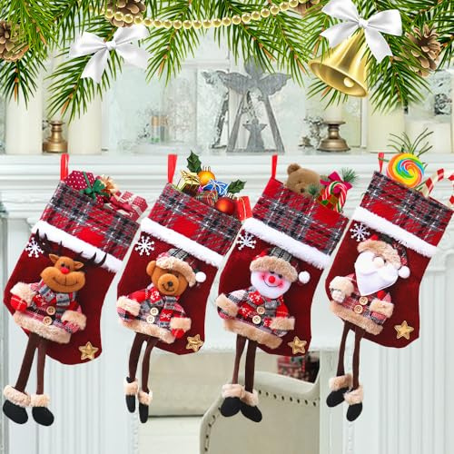 Udbrud 4 Stück Weihnachtsstrumpf, Weihnachtsdeko Nikolausstiefel zum Aufhängen für Weihnachtsbaum Kamin Deko Christmas Stocking Nikolaussocke für Weihnachtsbaum, Wand, Treppe