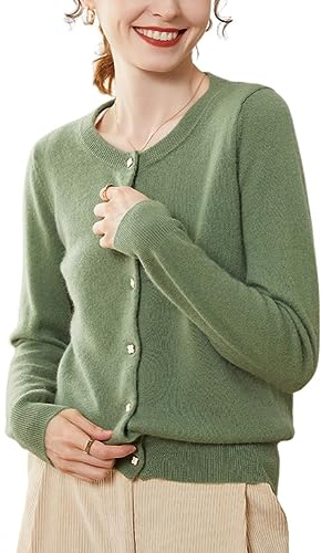Valin Gilet Cachemire Femme Col Rond Perles Ajusté,Vert,40