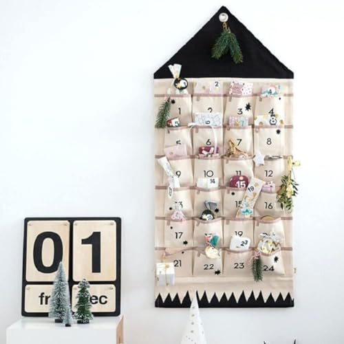 Stoff-Adventskalender, befüllbarer Adventskalender, Weihnachts-Adventskalender mit 24 Taschen, Stoff-leerer Adventskalender zum selber Befüllen für Weihnachtsschmuck