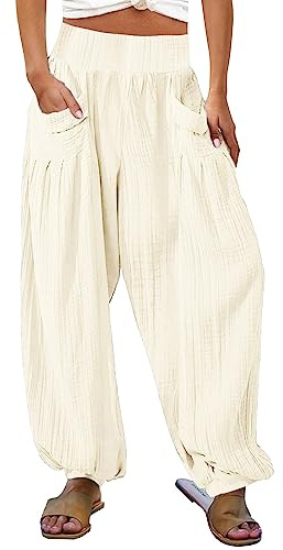 Pantalon sarouel décontracté pour femmes en coton et lin - Coupe large et droite - Ceinture élastique - Jogger - Pantalon de sport - Harem - Pantalon à enfiler - Confortable - Poches - Pantalon de