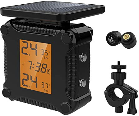 ihreesy Motorrad Reifendruckkontrollsystem, kabelloses TPMS-Reifendruckmesser Solar Motorrad Reifendruckkontrollgerät Wasserdicht Autoalarmsystem mit LCD-Display und 2 Externen Sensoren,M8