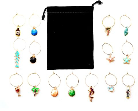 Rumyve 15pcs Beach-Themed Wine Glass Charm,Drink Mark Wine Charm Ring Goblets Identify Wine Party Decorations