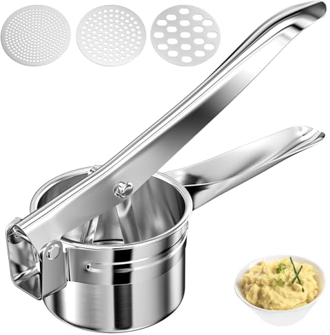 Brevanza Kartoffelpresse, Spaghettieispresse, Kartoffelstampfer, Spätzlepresse, Spaghetti Ice Cream Press mit 3 Austauschbare Scheiben für Flauschige Kartoffelpüree, Entsaften, Edelstahl