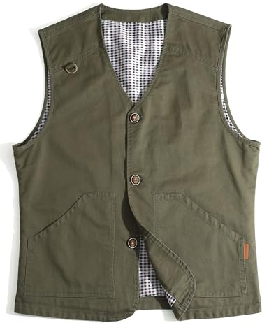 MeiLayM Gilet da All'aperto di cotone da Uomo Leggero Traspirante Multi-Tasche Panciotto Pesca Casual Gilet Caccia Fotografi Campeggio Senza Maniche Verde militare,XXL