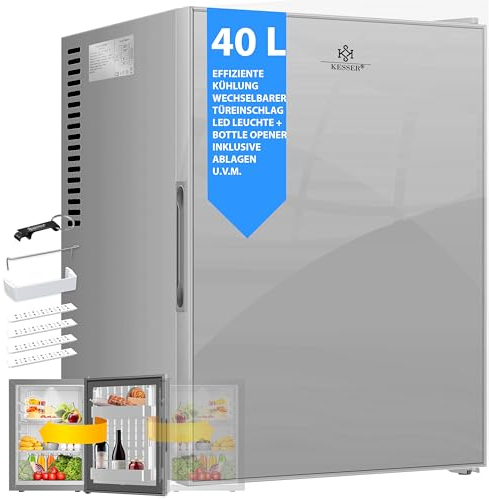 KESSER® Mini Frigorífico con Puerta de Cristal, Minibar 40 litros, 22dB, Cambio del Sentido de Apertura de la Puerta, 6°-12°C Altura 57cm, Iluminación [Clase de eficiencia energética F] - Plateado