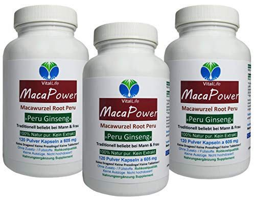 MACA 360 (3x120) Kapseln Wurzel Pulver aus PERU für Mann & Frau Ausdauer & Energie im Alltag. NATUR pur. NICHT hochdosiert. OHNE Zusatzstoffe. OHNE Füllstoffe 26625-3