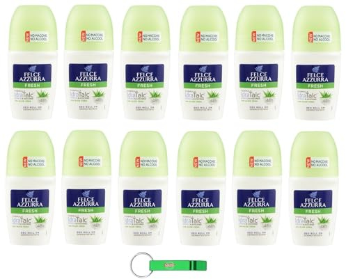 12 deodoranti roll on Fresh Felce Azzurra con Aloe Vera, Formula IdraTalk, Efficacia 48 ore, Senza Macchie - 50 ml + Beni Culinari Free Keychain