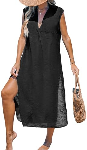 CUPSHE Women's Swimsuit Coverup Casual Sleeveless Side Split Midi Beach Dress V Neck Long Cardigans Black, XL