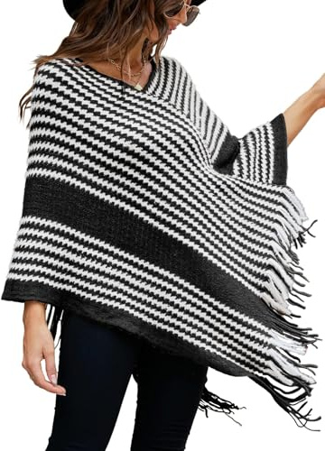 NLAND Poncho Cape Femme à Franges Chic et Elegant Tricoté Chaud Pull Poncho Chale en Polaire à Rayures pour l' Automne Hiver(Noir)