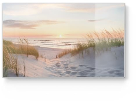 DEQORI Frühstücksbrett Glas | klein 23x14 cm | Motiv Abendruhe am Strand | Design Schneidebrett für Küche | Frühstücksbrettchen antibakteriell & rutschfest | Glasplatte & Servierplatte